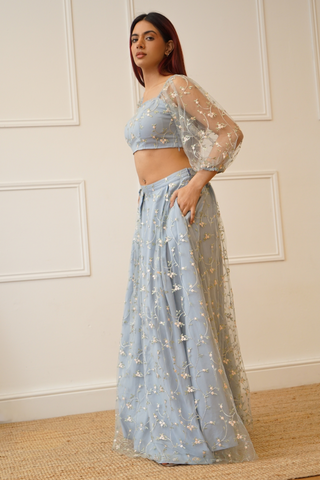 Ditsy Floral Tulle Pleated Skirt in Blue