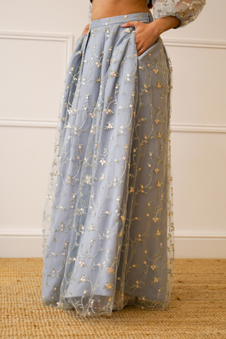 Ditsy Floral Tulle Pleated Skirt in Blue