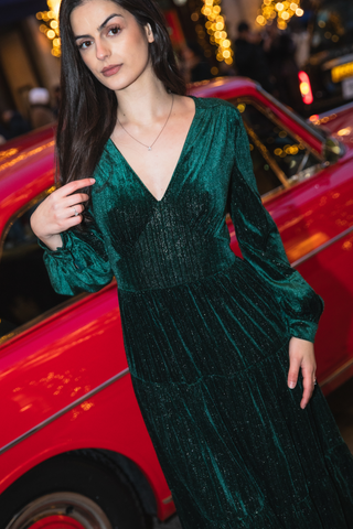 Velvet Gold Thread Midi Dress in Emerald