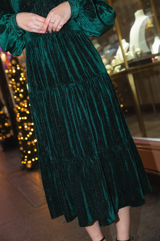 Velvet Gold Thread Midi Dress in Emerald